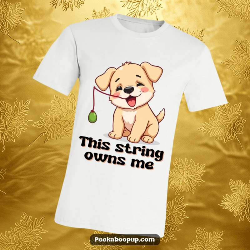 Funny Puppy T-Shirt: A cute dog enthusiastically batting at a dangling string in a funny pose