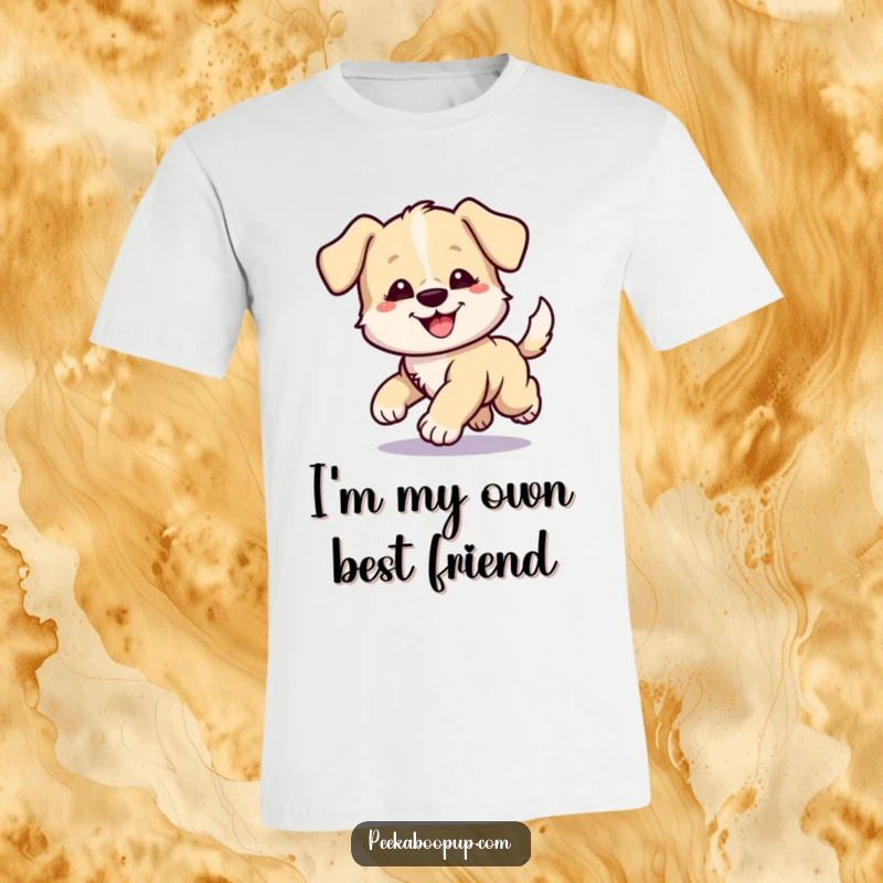 Funny t-shirt showcasing a cute puppy with a comically bewildered face, energetically spinning in circles while chasing its tail.
