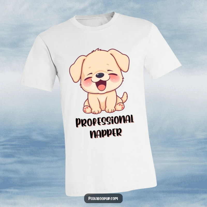 Funny puppy mid-yawn, with a huge, happy, sleepy smile, depicted on a comfortable t-shirt.