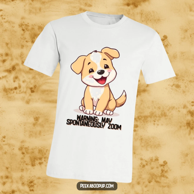 Funny T-Shirt: A happy puppy seen spinning with its tail wagging uncontrollably in sheer delight. Perfect for dog enthusiasts.