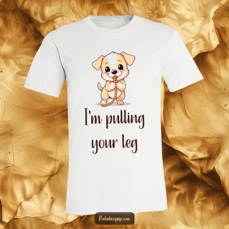 Funny puppy t-shirt depicts a cute puppy enthusiastically playing tug-of-war with a rope, radiating joy and playfulness.