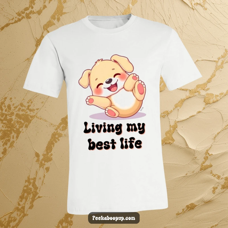 Funny Puppy Roll T-Shirt featuring a dog with a joyful expression, hilariously rolling on its back in a state of pure delight.