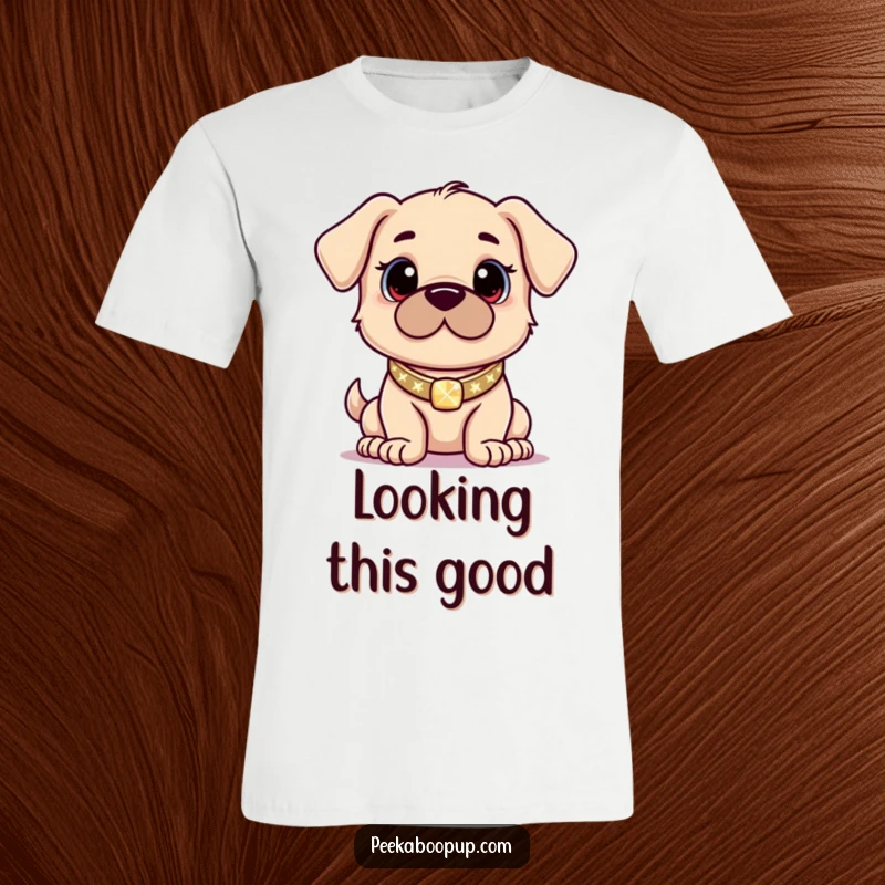 Funny t-shirt depicting a proud puppy with a glittering collar striking a confident, head-turning pose.
