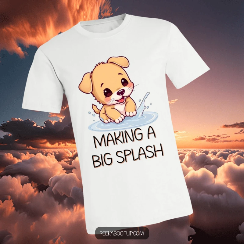 Funny puppy t-shirt depicting a dog joyfully splashing in a small puddle, capturing pure canine delight.