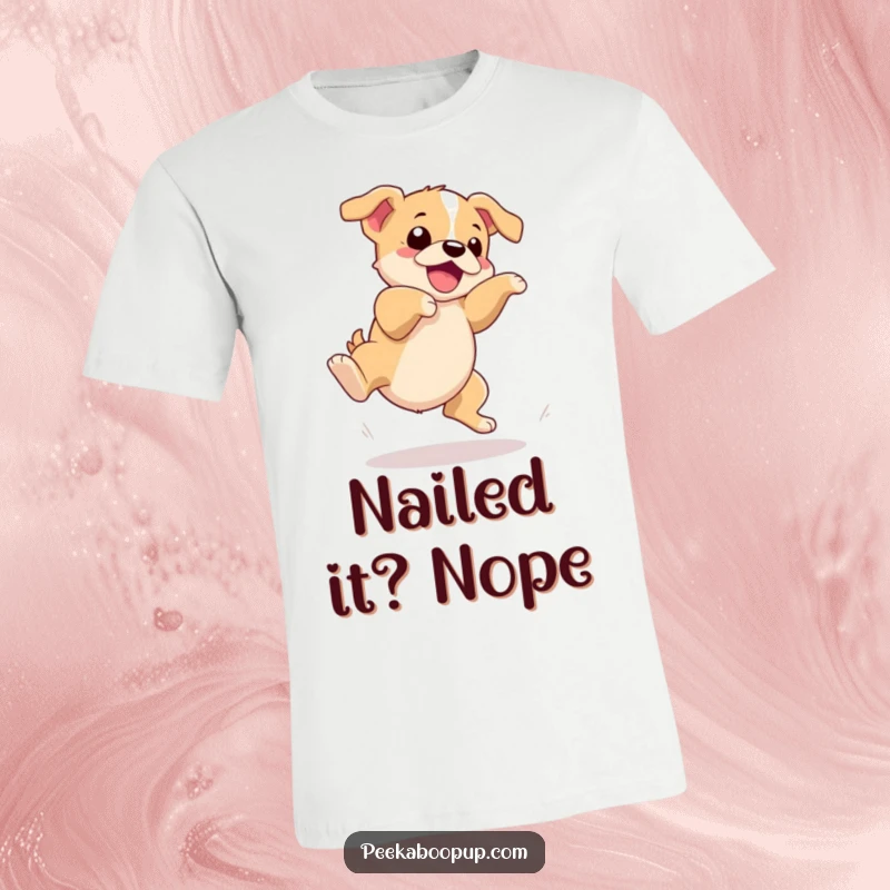 Funny T-shirt depicting a puppy hilariously failing a dramatic leap by tripping over its own paws, perfect for dog enthusiasts.