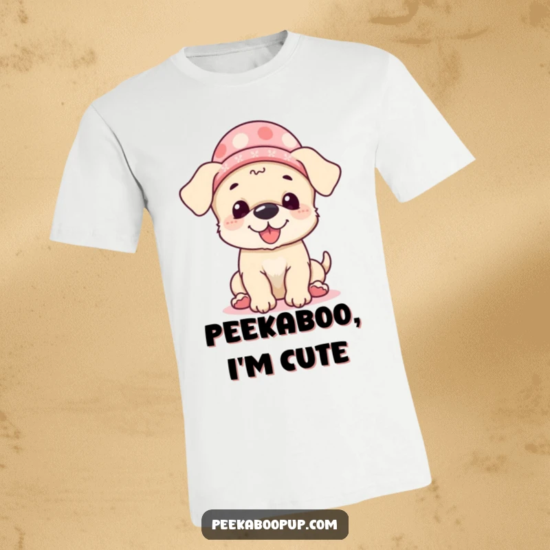Funny T-Shirt with a giggling puppy in a small hat playing peek-a-boo, radiating pure, unadulterated puppy joy and humor.
