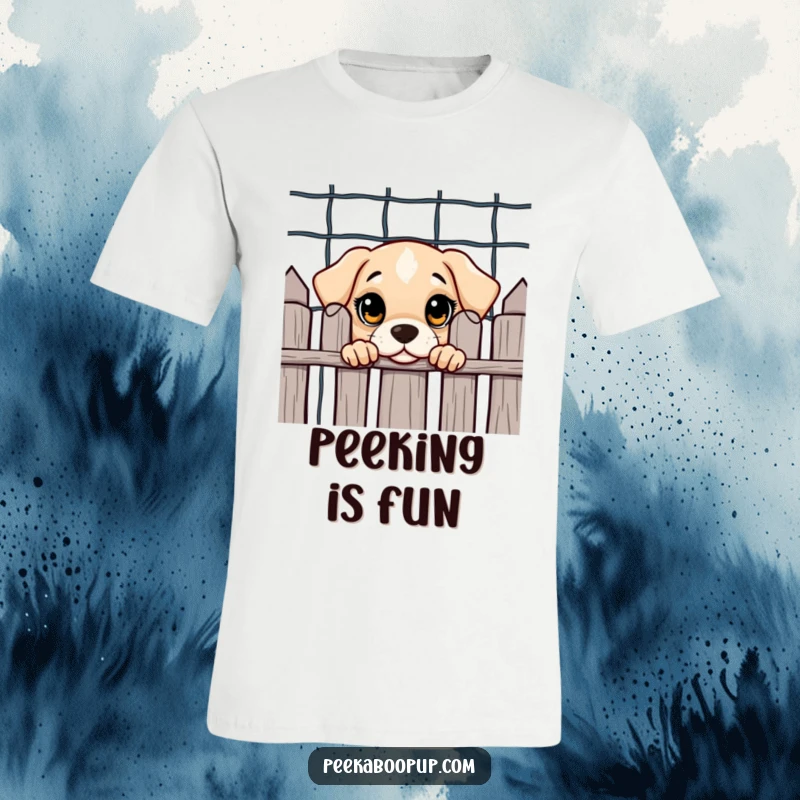 Funny t-shirt graphic of a cute puppy with big, wide eyes peeking curiously from behind a fence, conveying innocence and intrigue.