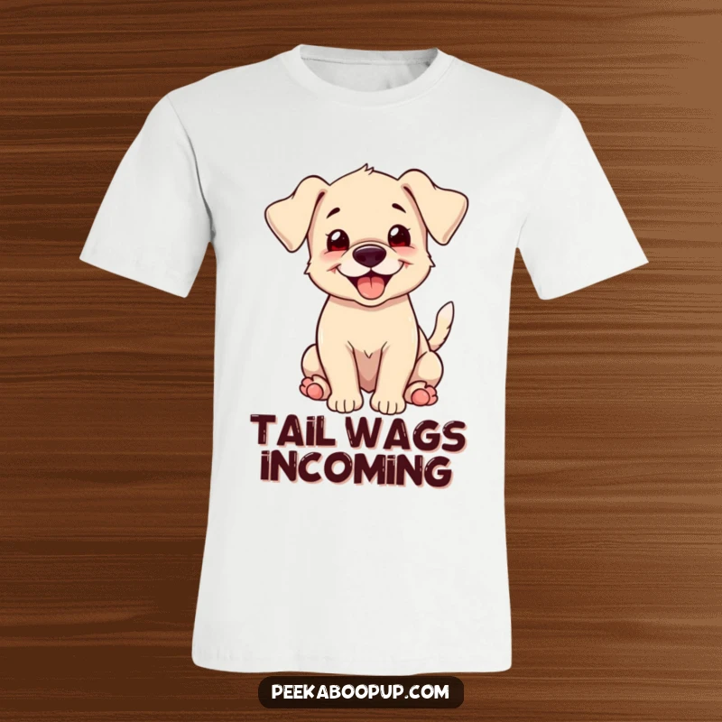 Funny t-shirt graphic of a cute puppy with floppy ears, a happy grin, and a tail wagging so fast it's a blur.