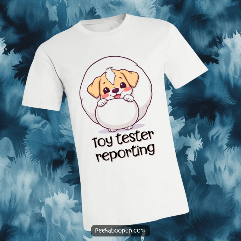 Funny t-shirt graphic of a puppy character peeking with delight from behind a giant squeaky toy, full of playful mischief.