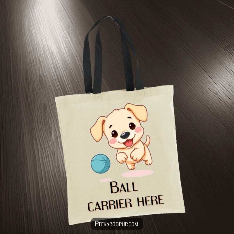 Funny tote bag depicting a cute puppy with floppy ears gleefully chasing a red bouncing ball.