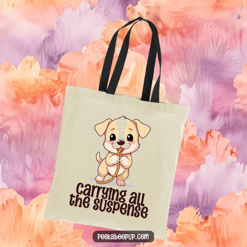 Funny puppy tote bag illustrating a cute puppy in a playful tug-of-war, great for shopping and everyday use.