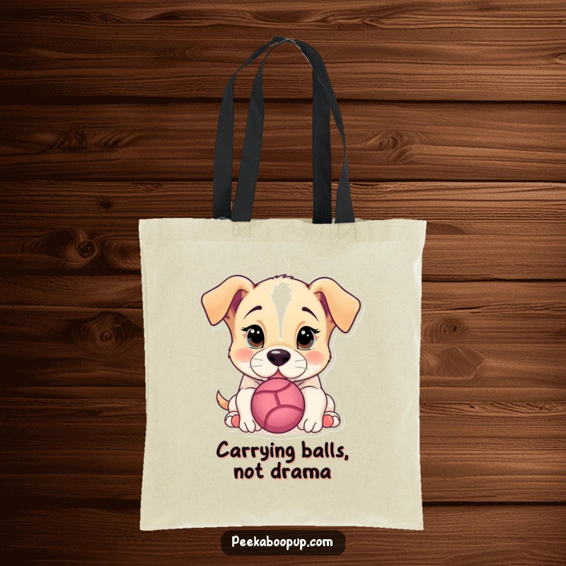 Funny Tote Bag with a charming puppy focused on nudging a ball, perfect for carrying everyday items with a smile.
