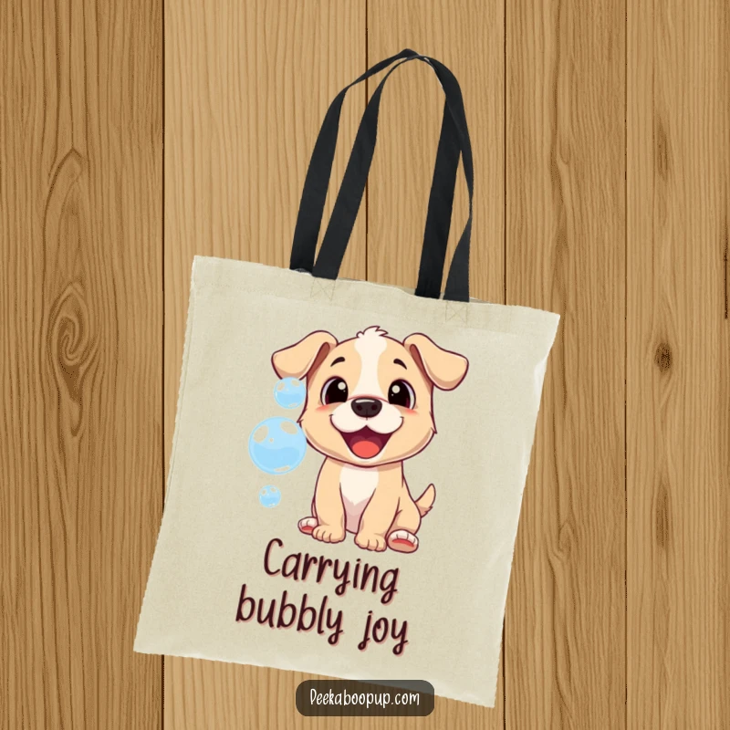 Funny tote bag showing a cheerful puppy playfully trying to catch floating bubbles, full of happy energy.