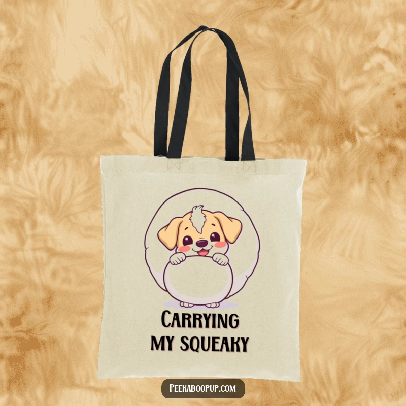 Funny puppy character peeking with delight from behind a giant squeaky toy, designed on a durable tote bag for a cheerful look.