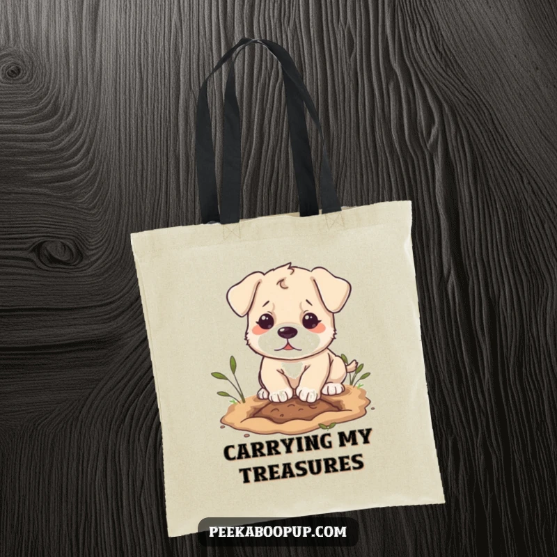Funny puppy character tote bag, digging with determination, ideal for carrying essentials with canine charm.