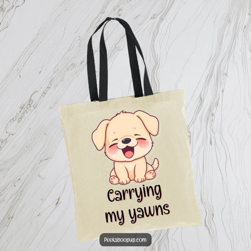 Funny puppy yawning a huge, happy smile, illustrated on a durable and humorous tote bag.