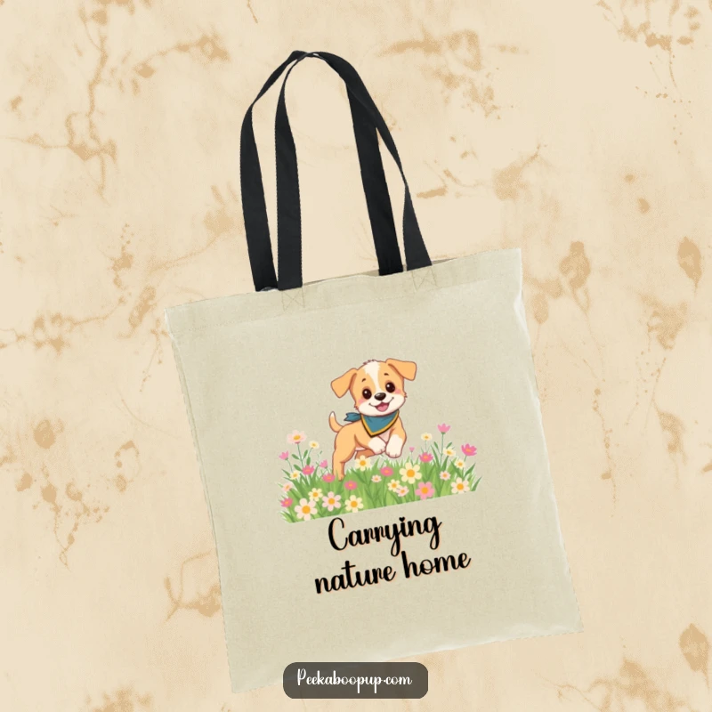 Funny tote bag with a playful puppy wearing a bandana, frolicking joyfully in a vibrant field of flowers, symbolizing happiness.