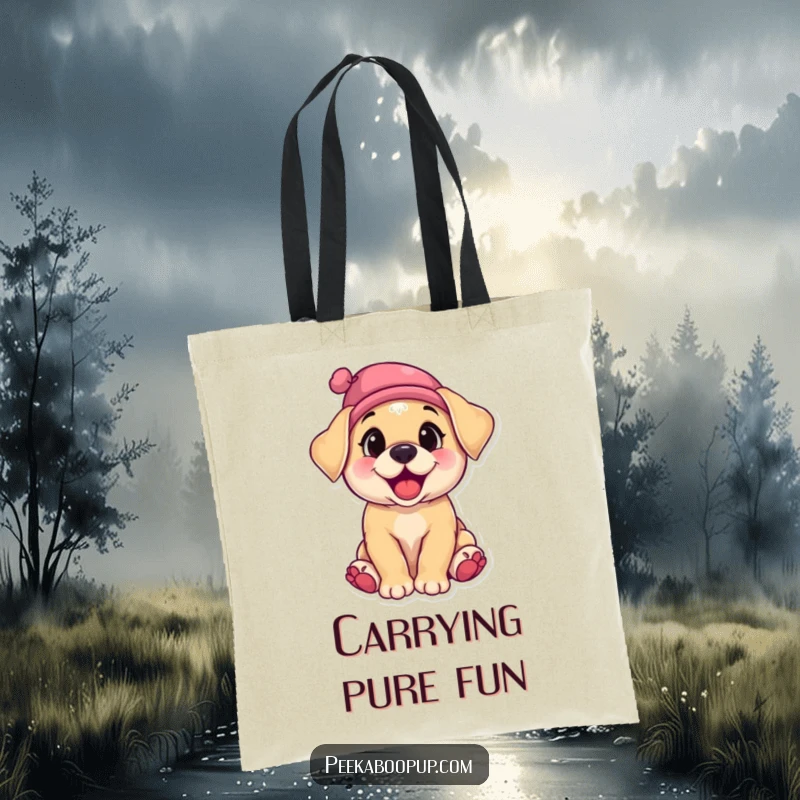 Funny tote bag adorned with a happy, giggling puppy sporting a tiny hat that’s playfully tilted to one side.