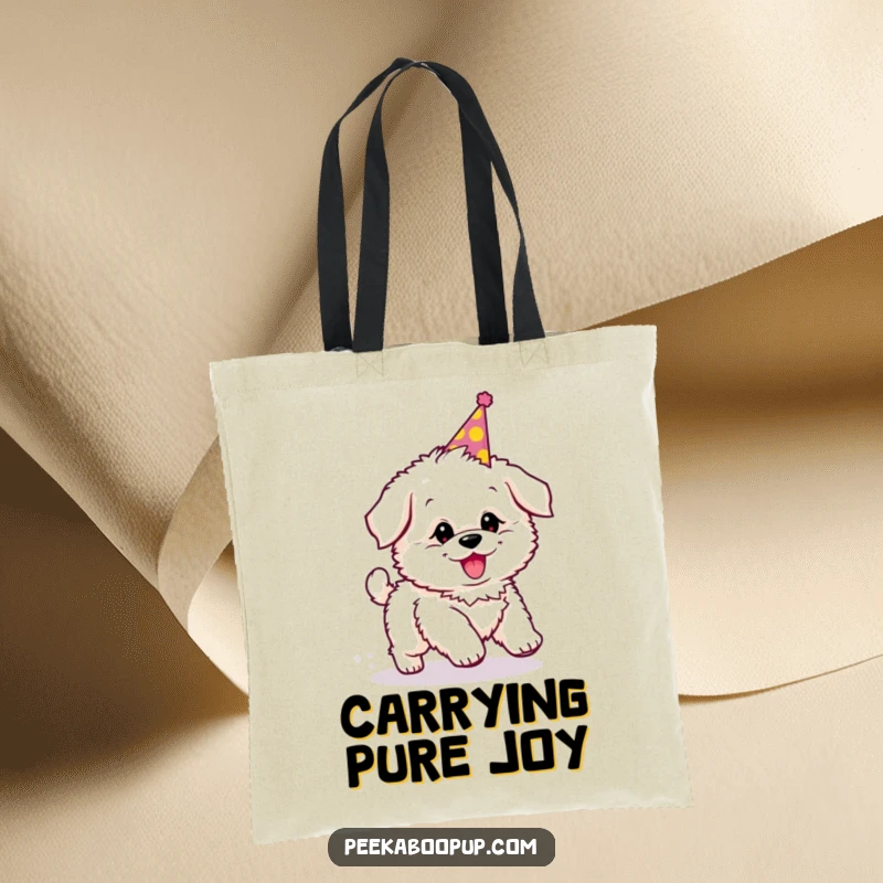 Funny tote bag showcasing a fluffy puppy in a party hat, playfully and comically chasing its tail.