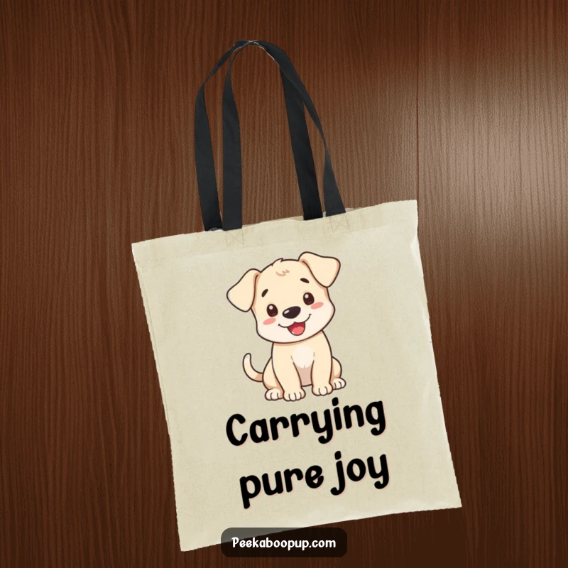 Funny Tote Bag featuring a cheerful puppy with a fast-wagging tail, enthusiastically greeting everyone it meets.