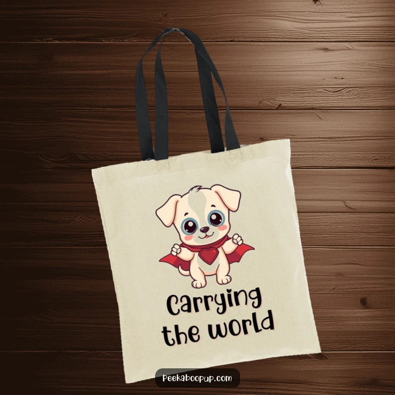 Funny Hero Puppy Tote Bag: A puppy wearing a cape striking a heroic pose, ready for adventure