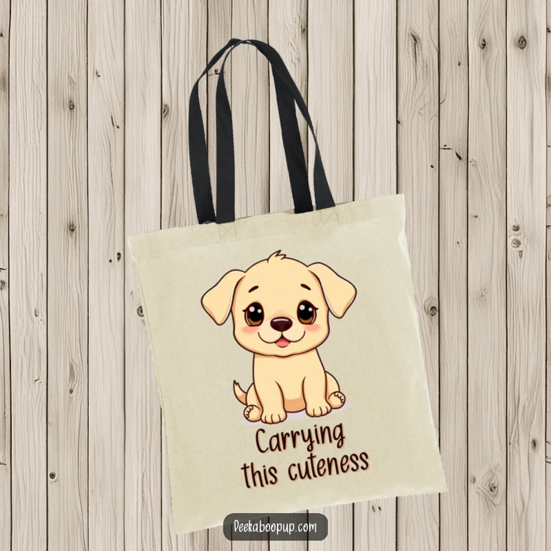 Funny puppy tote bag illustrating a puppy with big begging eyes, perfect for carrying essentials with charm.