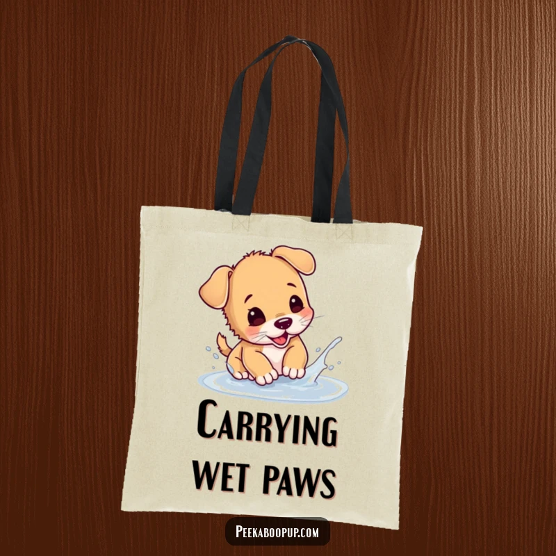 Funny puppy tote bag showing a happy dog splashing in a tiny puddle, great for errands and dog lovers.