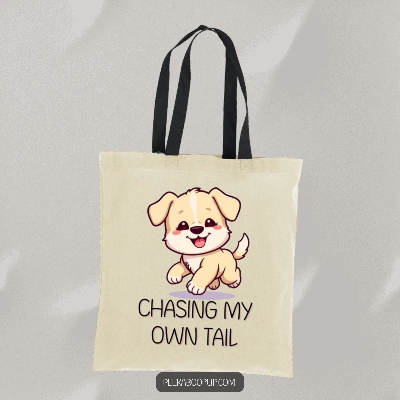 Funny tote bag displaying a cartoon puppy with a funny, determined expression, spinning rapidly to catch its own tail.