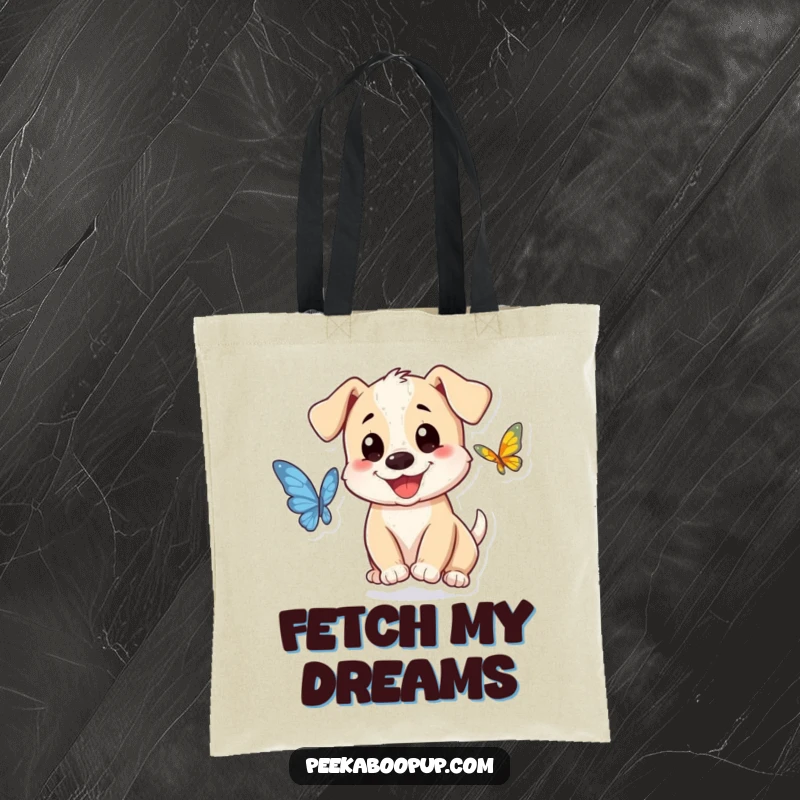 Funny puppy character tote bag, smiling and chasing a butterfly, ideal for carrying essentials with playful charm.