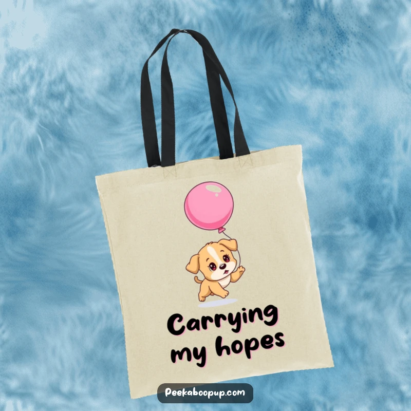Funny tote bag showing a determined puppy chasing a slowly deflating balloon, perfect for carrying essentials with playful persistence.