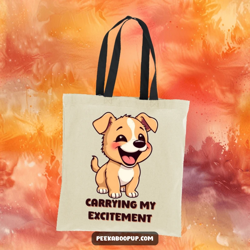 Funny Happy Puppy Tote Bag: A puppy barking joyfully with a playful bounce, perfect for daily use