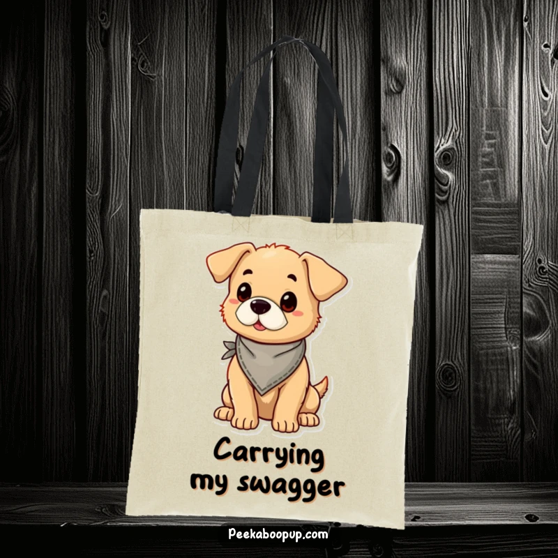 Funny puppy wearing a bandana and posing proudly, illustrated on a durable and humorous tote bag.