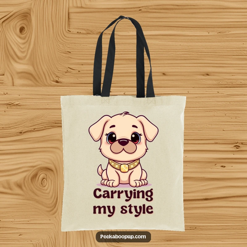 Funny tote bag with a proud puppy posing confidently with a sparkly collar, perfect for shopping and errands.