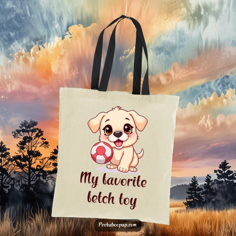 Funny tote bag showcasing an excited puppy with wide eyes, leaping to intercept a bouncing ball during playtime.