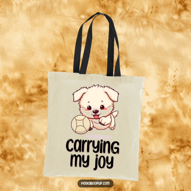 Funny puppy tote bag with a fluffy puppy enthusiastically chasing a bouncing ball.