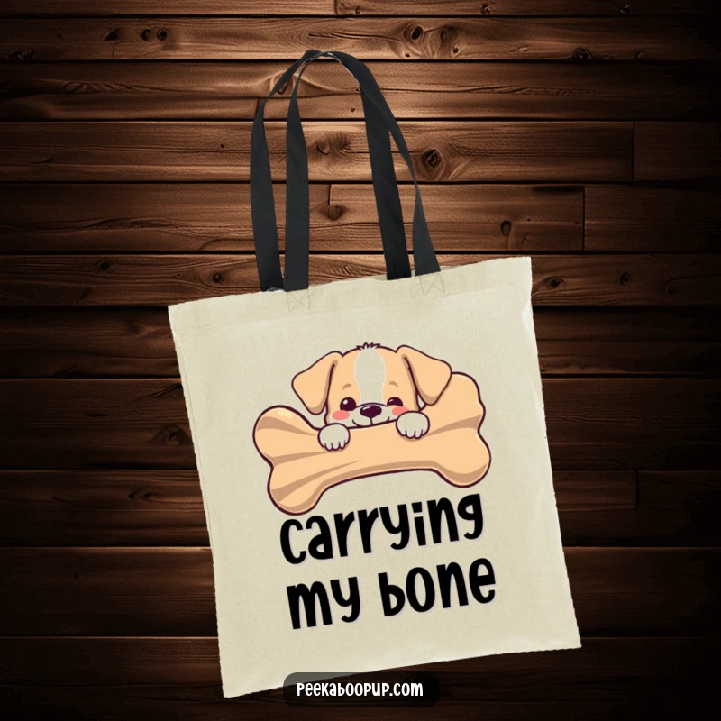 Funny puppy peeking joyfully from behind a giant striped bone on a tote bag, symbolizing playful energy and love for dogs, a gift.
