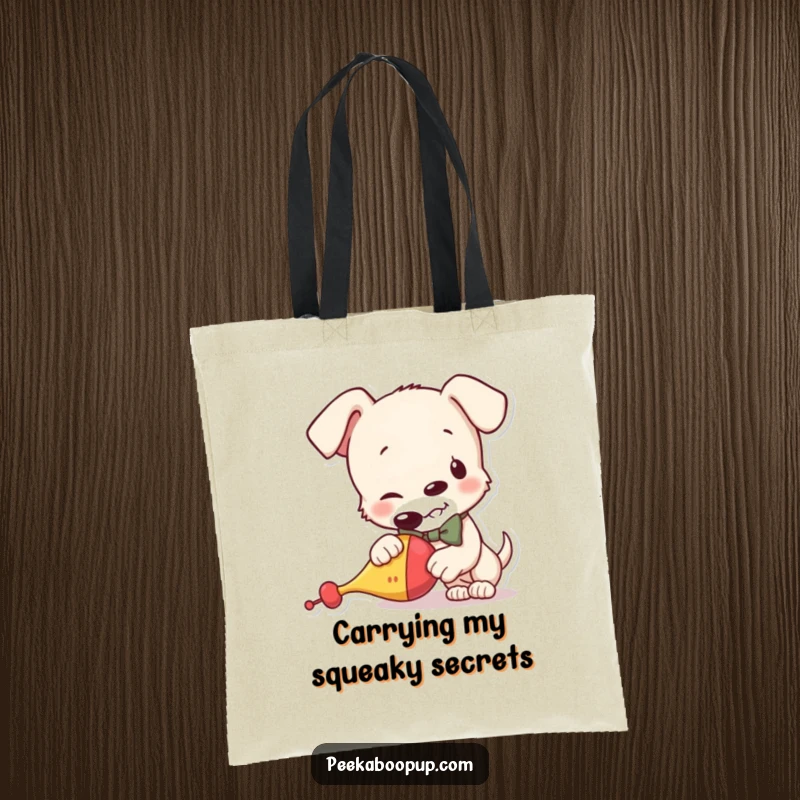 Funny tote bag displaying a mischievous puppy in a bowtie, happily squeaking a toy, ideal for a stylish and humorous shopper.