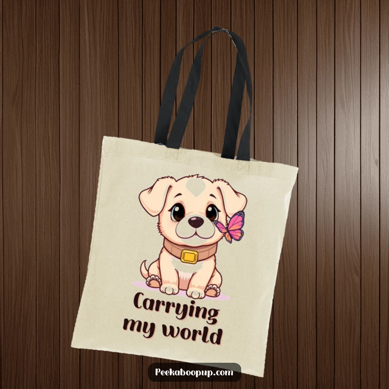 Funny tote bag illustrated with a puppy wearing an oversized collar, gazing with adorable curiosity at a butterfly fluttering nearby.