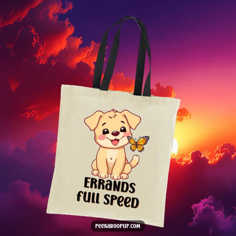 Funny tote bag with a happy puppy barking at a butterfly, its tail a blur of excitement, great for shopping.