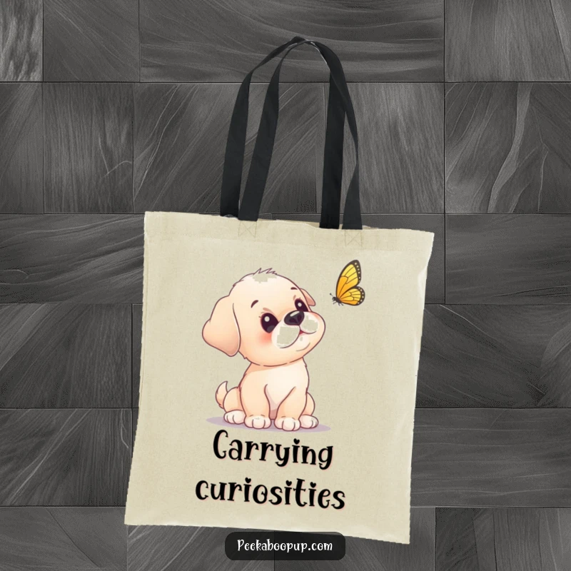 Funny puppy tote bag with a curious puppy tilting its head at a fluttering butterfly.