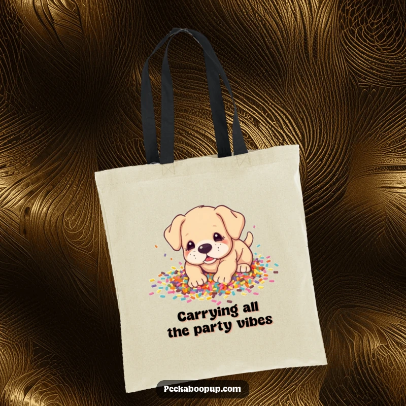 Funny Tote Bag: Playful puppy digging deep into a large pile of bright, scattered confetti, emanating pure happiness.