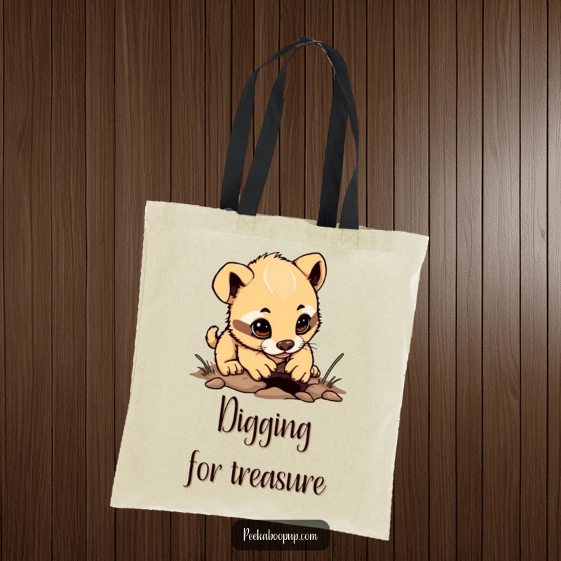 Funny puppy digging tote bag, determined character digging a tiny hole, cute and functional accessory.