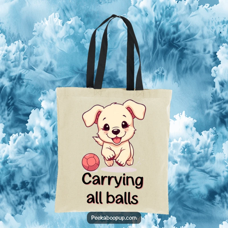Funny tote bag with a cute puppy, floppy ears flying, joyfully chasing a bouncing ball, symbolizing fun and playfulness.