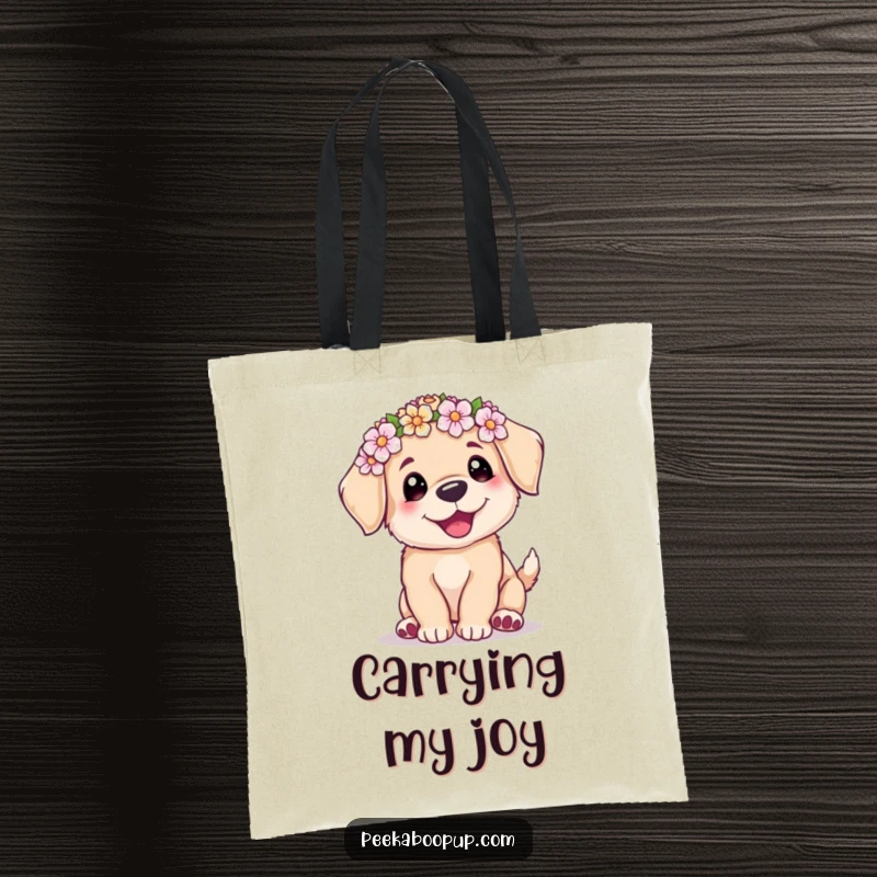 Funny tote bag featuring a cute puppy in a flower crown, doing a joyful wiggle, ready to carry your items.