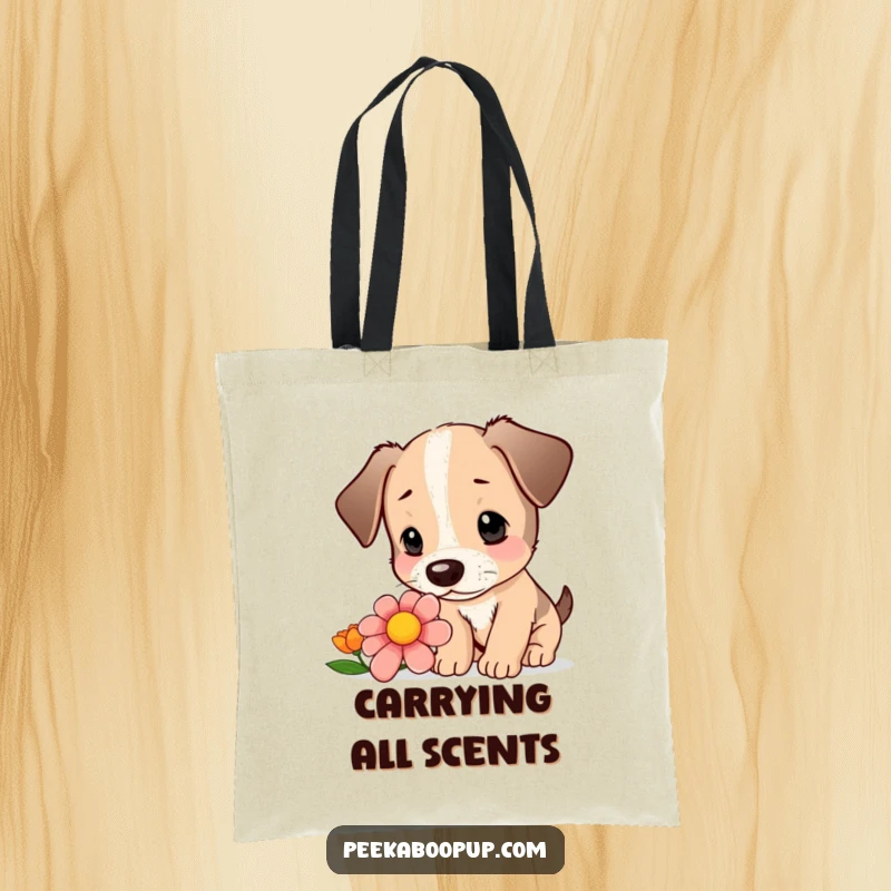 Funny tote bag depicting a cute puppy curiously sniffing a colorful flower with focused intrigue.