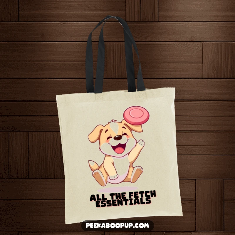 Funny tote bag illustrating a gleeful puppy successfully catching a frisbee during an outdoor activity.