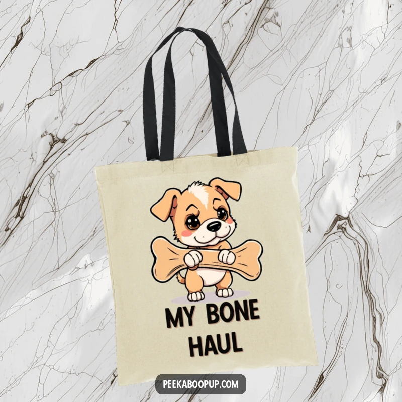 Funny tote bag showcasing a determined puppy heroically attempting to carry a comically large bone, symbolizing big tasks.