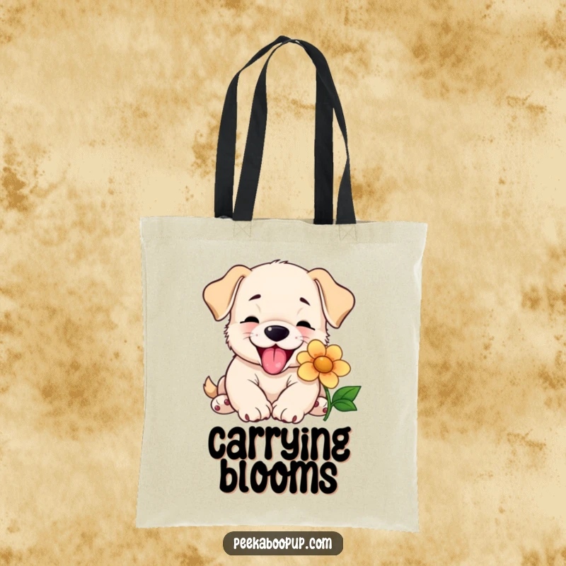 Funny tote bag featuring a happy puppy giving a slobbery lick to a flower, perfect for carrying essentials with a smile.