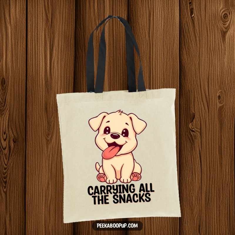 Funny puppy tote bag illustration of a happy, panting dog with its tongue out, symbolizing excitement and a playful spirit.