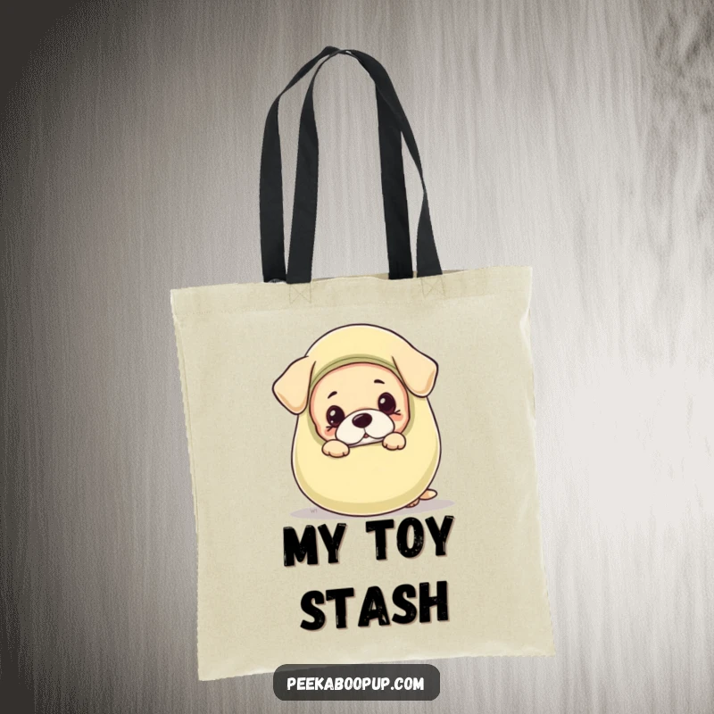 Funny tote bag depicting a cute puppy peeking with curiosity from behind an exaggeratedly large, colorful squeaky dog toy.